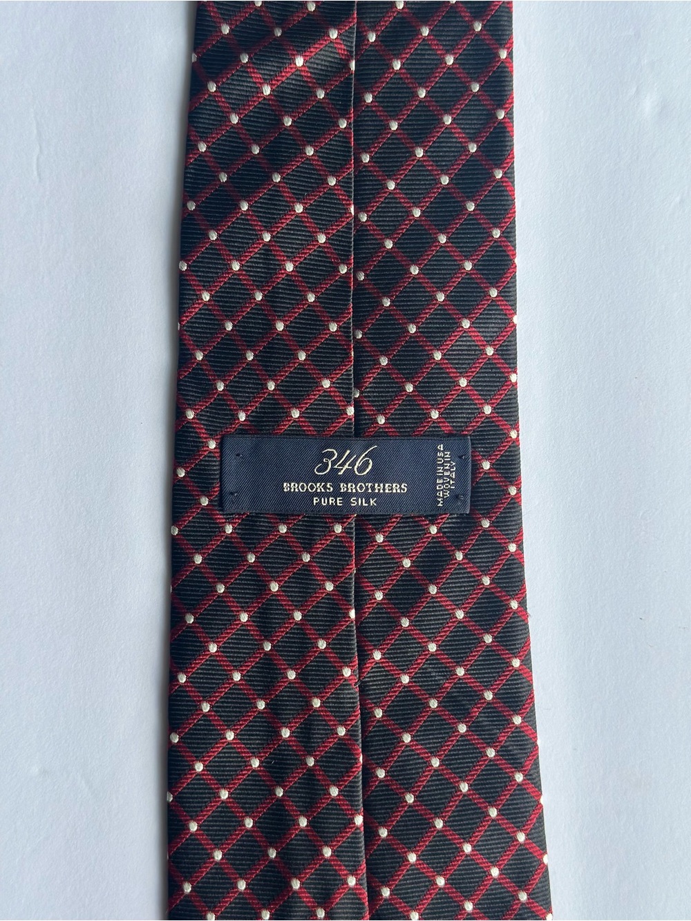 Brooks Brothers Black Silk Tie with Red Lattice and White Dots